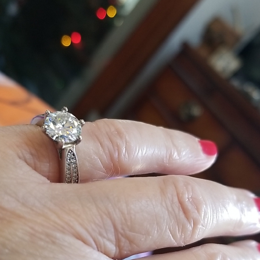 Classic Silver Solitaire Moissanite Ring Pav Acce… - image 1